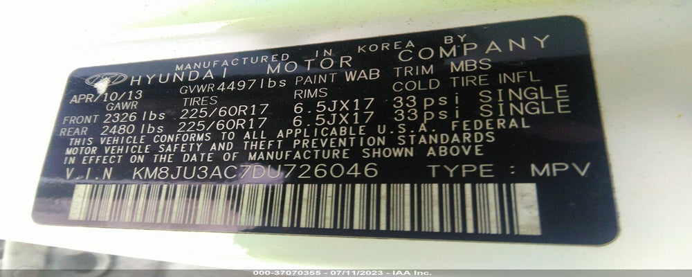KM8JU3AC7DU726046 2013 HYUNDAI TUCSON photo no. 9