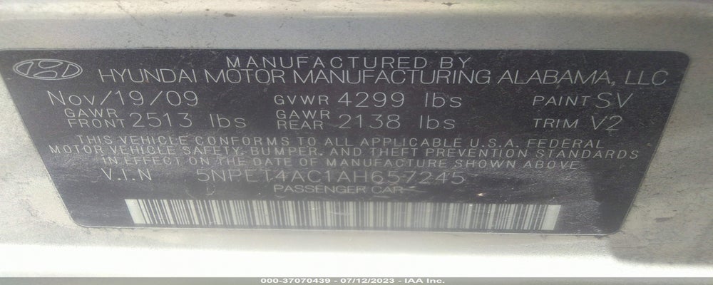 5NPET4AC1AH657245 2010 HYUNDAI SONATA photo no. 9