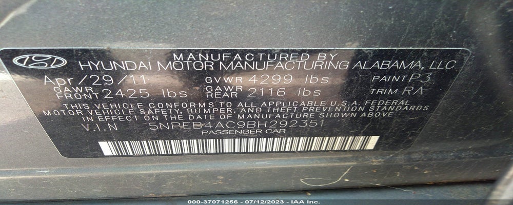 5NPEB4AC9BH292351 2011 HYUNDAI SONATA photo no. 9
