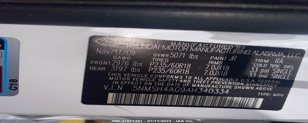 5NMSH4AG9AH340334 2010 HYUNDAI SANTA FE photo no. 9