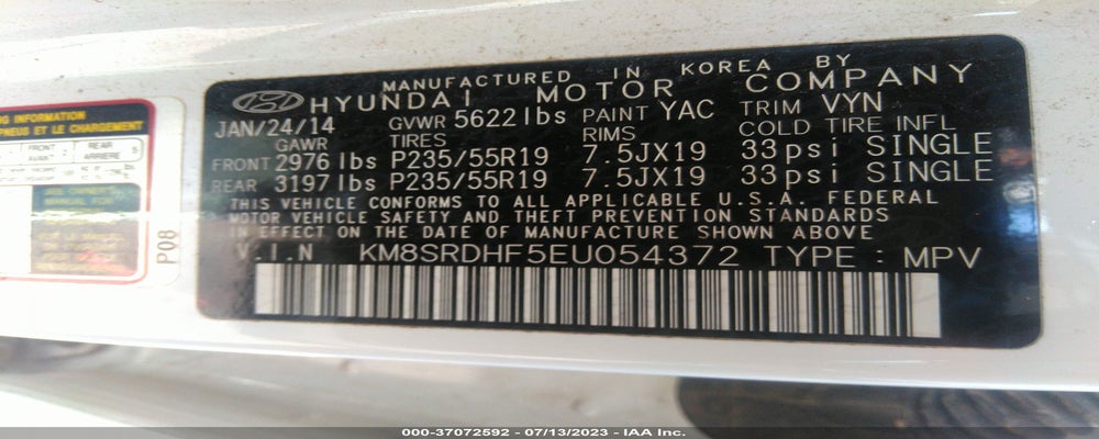 KM8SRDHF5EU054372 2014 HYUNDAI SANTA FE photo no. 9