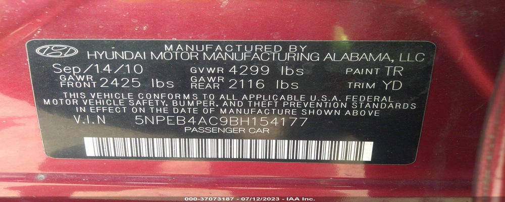 5NPEB4AC9BH154177 2011 HYUNDAI SONATA photo no. 9