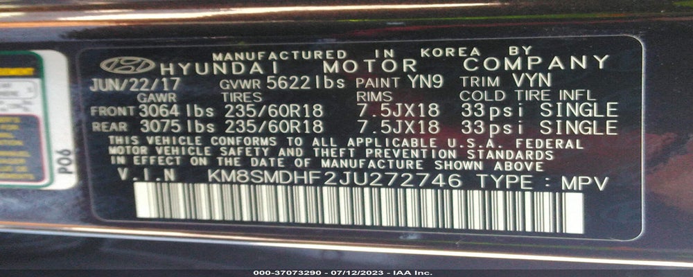 KM8SMDHF2JU272746 2018 HYUNDAI SANTA FE photo no. 9