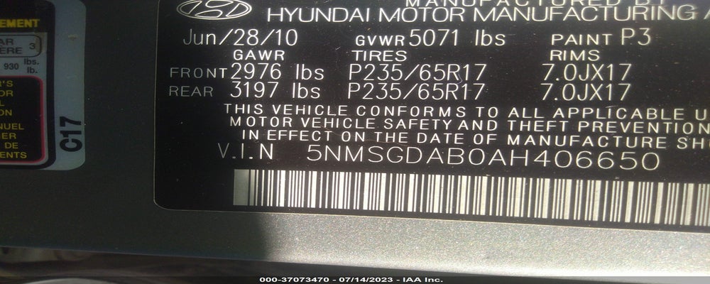 5NMSGDAB0AH406650 2010 HYUNDAI SANTA FE photo no. 9