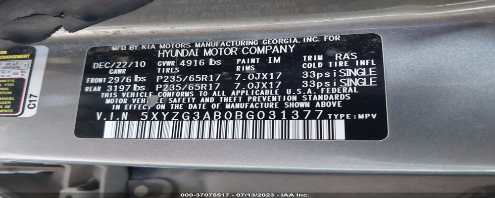 5XYZG3AB0BG031377 2011 HYUNDAI SANTA FE photo no. 9