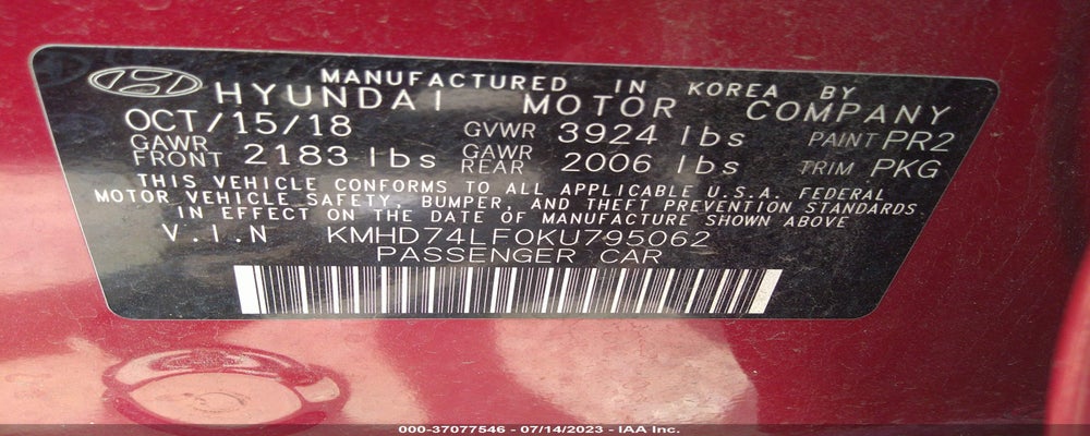 KMHD74LF0KU795062 2019 HYUNDAI ELANTRA photo no. 9