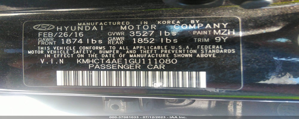 KMHCT4AE1GU111080 2016 HYUNDAI ACCENT photo no. 9