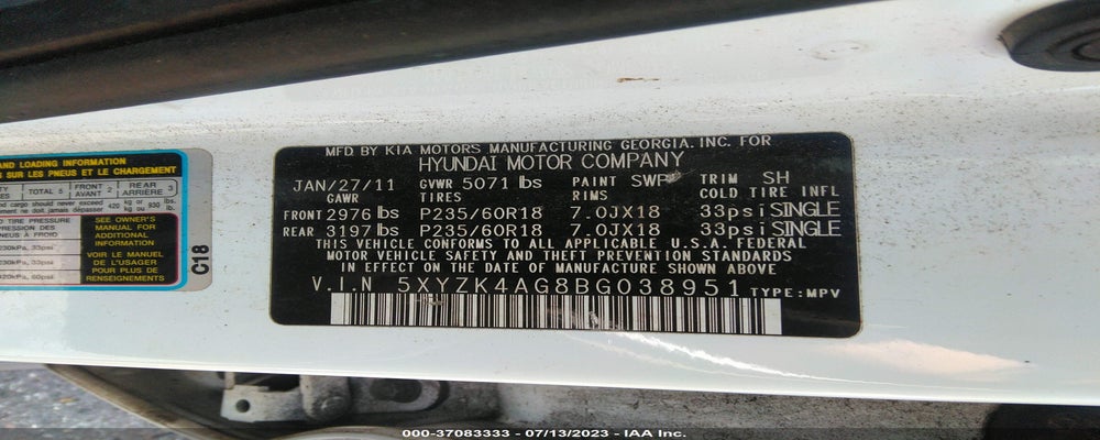 5XYZK4AG8BG038951 2011 HYUNDAI SANTA FE photo no. 9
