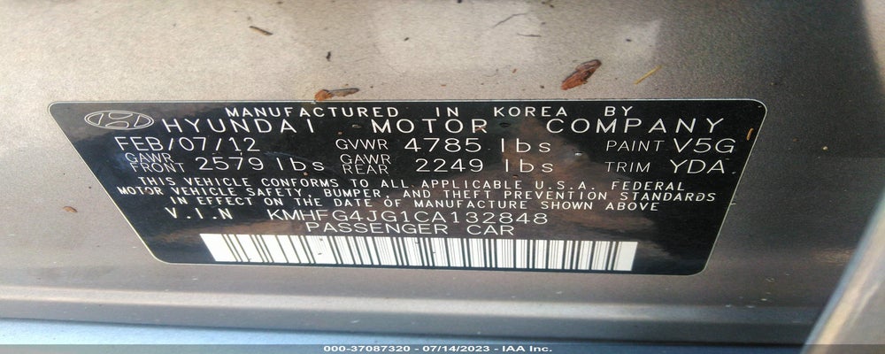 KMHFG4JG1CA132848 2012 HYUNDAI AZERA photo no. 9