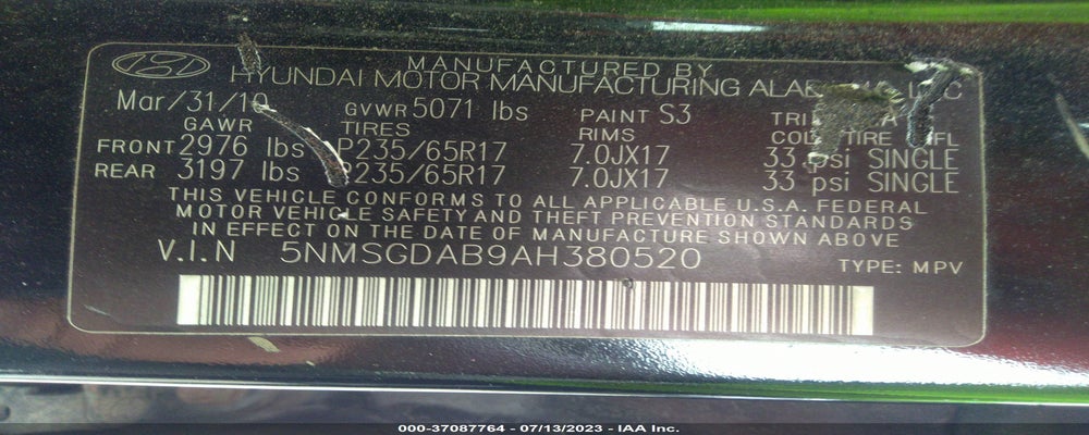 5NMSGDAB9AH380520 2010 HYUNDAI SANTA FE photo no. 9
