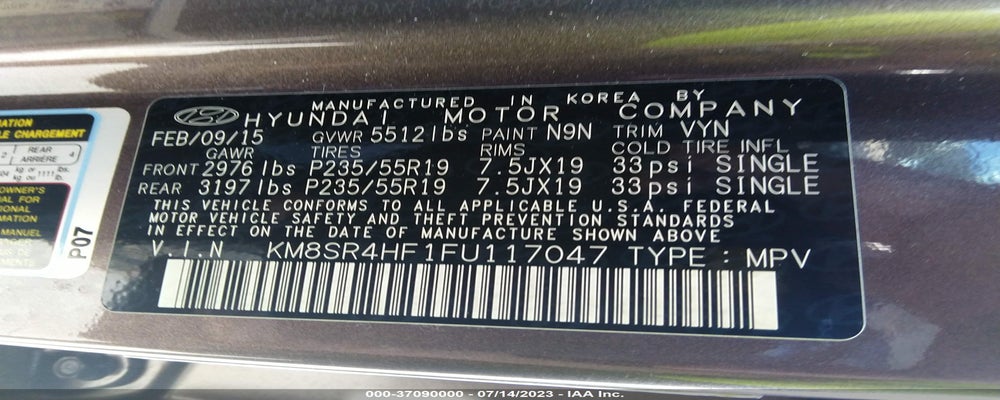KM8SR4HF1FU117047 2015 HYUNDAI SANTA FE photo no. 9