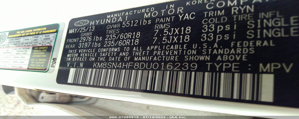 KM8SN4HF8DU016239 2013 HYUNDAI SANTA FE photo no. 9