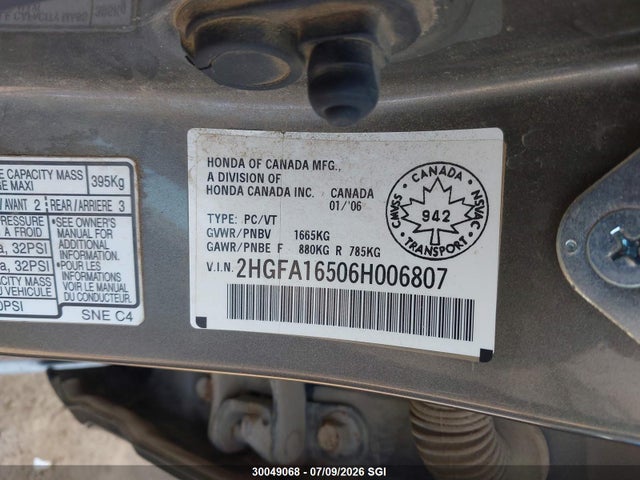2006 Honda Civic Lx მანქანა იყიდება აუქციონზე, vin: 2HGFA16506H006807, აუქციონის ნომერი: 30049068