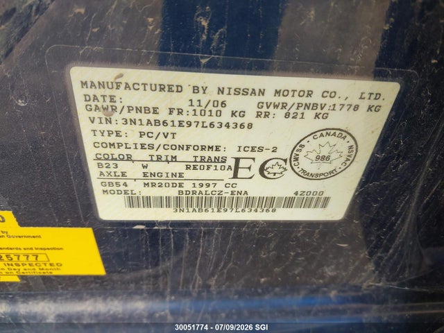2007 Nissan Sentra 2.0/2.0s/2.0sl მანქანა იყიდება აუქციონზე, vin: 3N1AB61E97L634368, აუქციონის ნომერი: 30051774