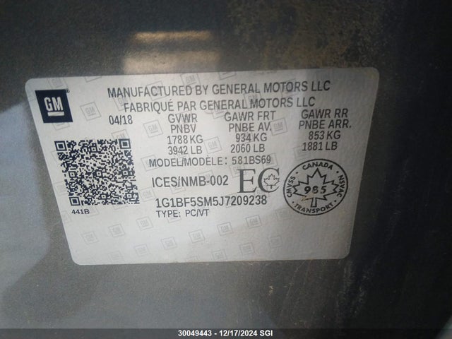 1G1BF5SM5J7209238 Chevrolet le2 -di: direct injection, vvt: variable valve timing, gen, alum