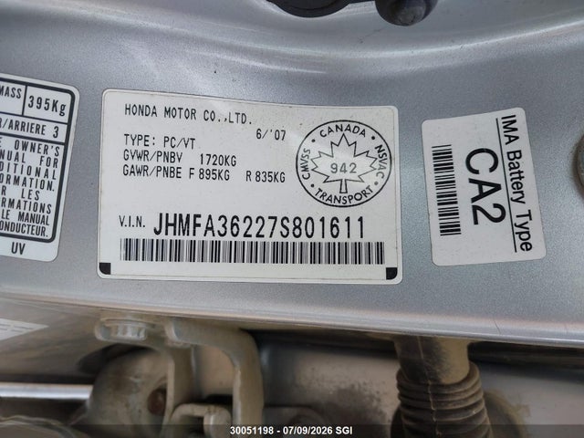 2007 Honda Civic Hybrid მანქანა იყიდება აუქციონზე, vin: JHMFA36227S801611, აუქციონის ნომერი: 30051198