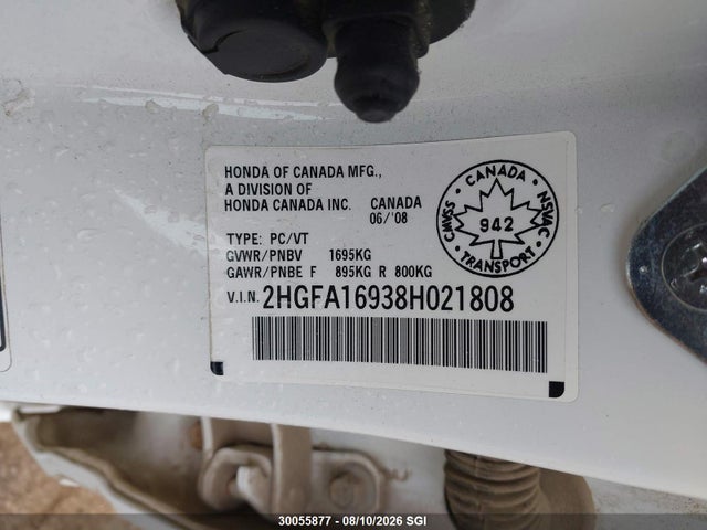 30055877 :رقم المزاد ، 2HGFA16938H021808 vin ، 2008 Honda Civic Exl مزاد بيع