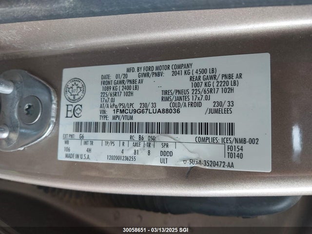 30058651 :رقم المزاد ، 1FMCU9G67LUA88036 vin ، 2020 Ford Escape Se مزاد بيع