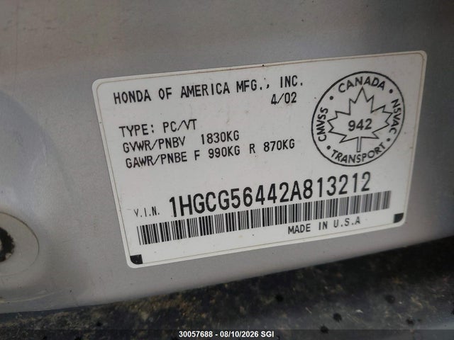 Aukcja sprzedaży 2002 Honda Accord Lx, vin: 1HGCG56442A813212, numer aukcji: 30057688