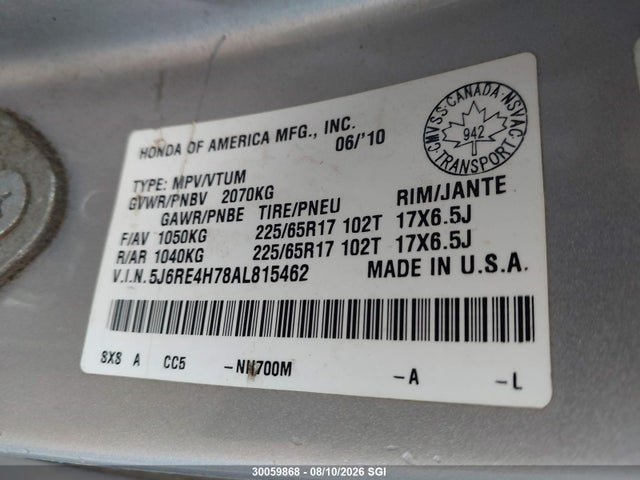 30059868 :رقم المزاد ، 5J6RE4H78AL815462 vin ، 2010 Honda Cr-v Ex-l مزاد بيع