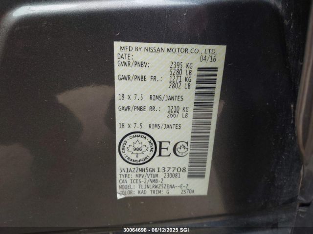 5N1AZ2MH5GN137708 Nissan Murano S/sl/sv/platinum