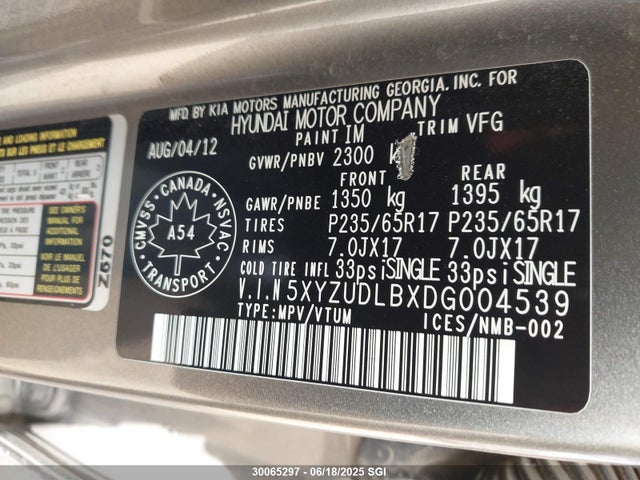 30065297 :رقم المزاد ، 5XYZUDLBXDG004539 vin ، 2013 Hyundai Santa Fe Sport مزاد بيع