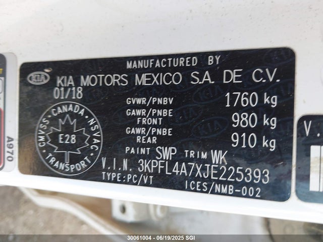 3KPFL4A7XJE225393 KIA mpi nu