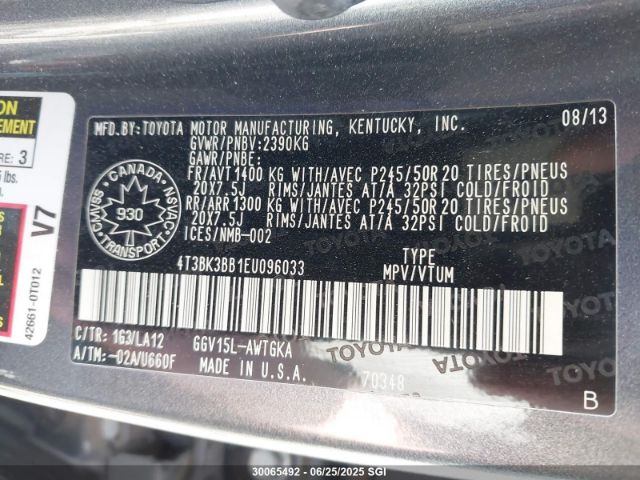 4T3BK3BB1EU096033 Toyota 2gr-fe