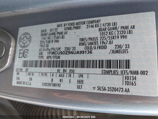 1FMCU9DZ9NUA99136 Ford hev/phev