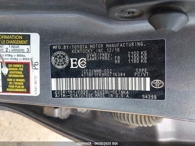4T1BF1FK9HU716384 Toyota 2ar-fe