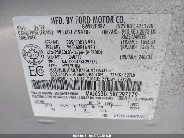 MAJ6S3GL5KC297179 Ford 2019