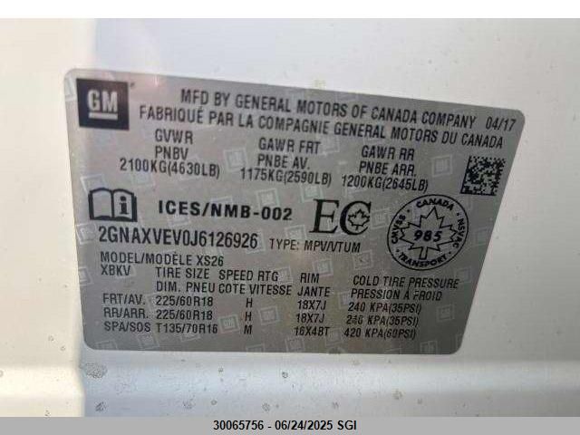 2GNAXVEV0J6126926 Chevrolet lyx - direct injection, vvt, fgt, turbo, alum, gen1