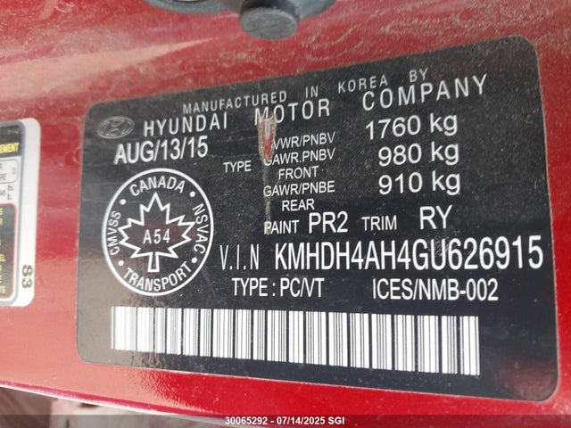 KMHDH4AH4GU626915 Hyundai dohc gdi nu