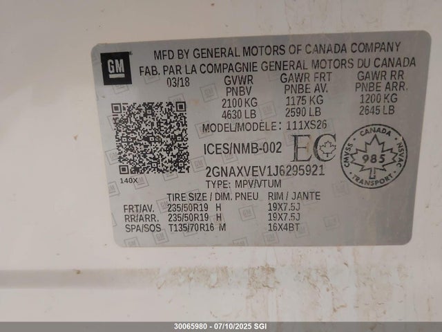 2GNAXVEV1J6295921 Chevrolet lyx - direct injection, vvt, fgt, turbo, alum, gen1