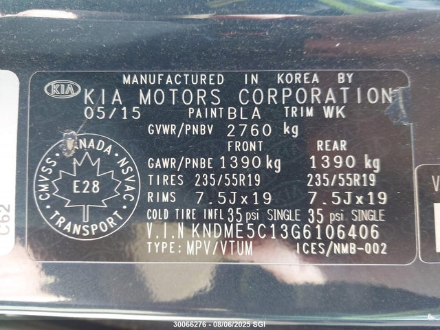 KNDME5C13G6106406 KIA dohc gdi lambda ii