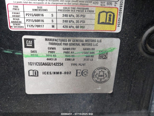 1G11C5SA6GU142234 Chevrolet lcv -sidi, dcvcp, vvt, dcvcp, e85 max, e0-e100, aluminum