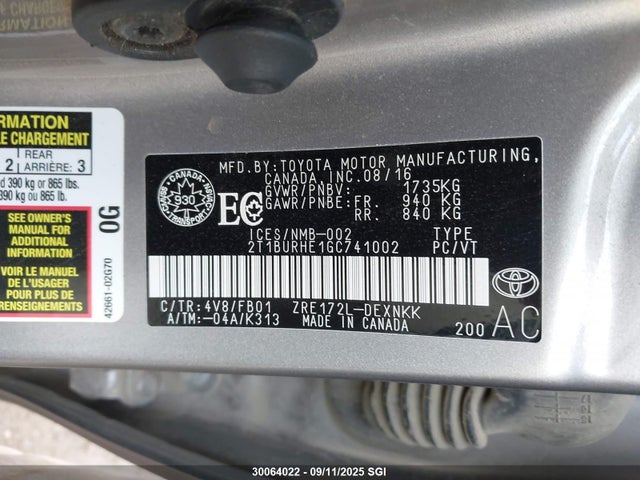Toyota 2zr-fe 2016 2T1BURHE1GC741002 Image 9