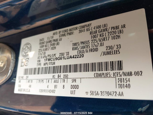 Ford Escape 2020 1FMCU9G61LUA42220 Image 9