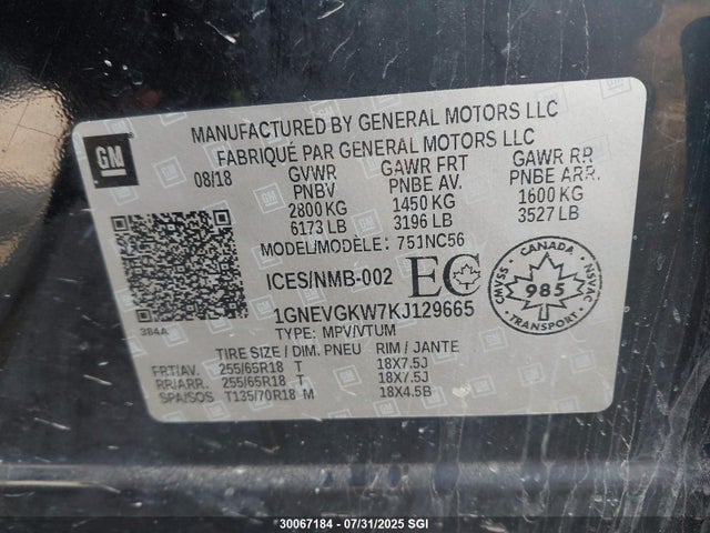 1GNEVGKW7KJ129665 Chevrolet lfy - spark ignited direct injection, atss, gen 1