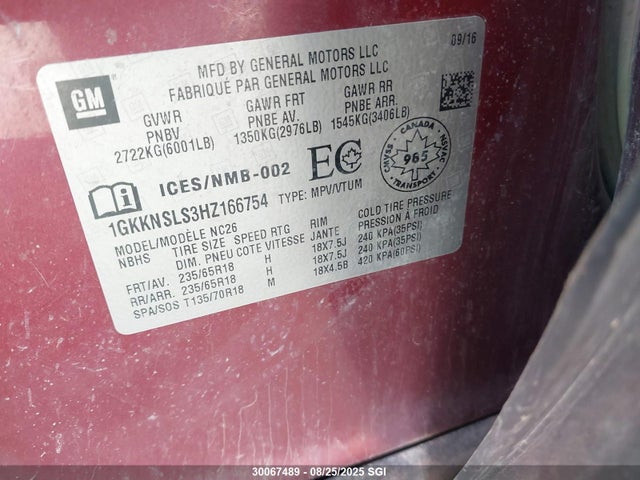 1GKKNSLS3HZ166754 GMC lgx - di: direct injection, vvt: variable valve timing, alum, gen 2