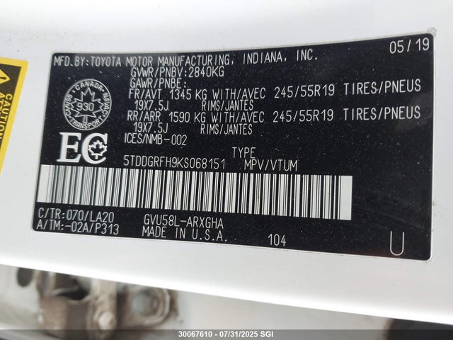 Toyota 2gr-fxs, 4jm+2fm 2019 5TDDGRFH9KS068151 Image 9