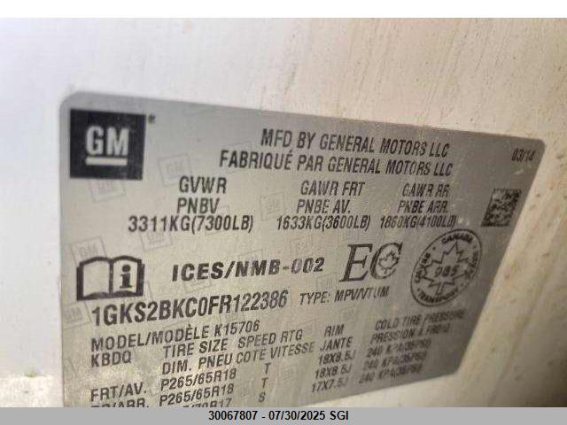 1GKS2BKC0FR122386 GMC l83 - vvt, active fuel management, aluminum