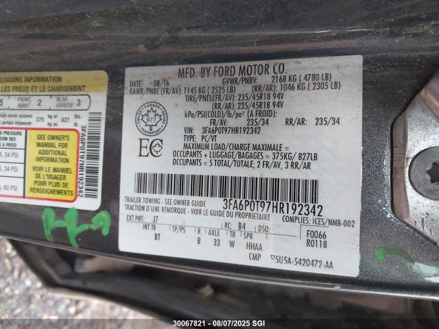 3FA6P0T97HR192342 Ford 2.0l gtdi premium fuel