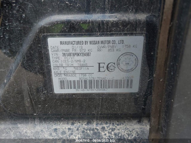 3N1AB7AP8KY294987 Nissan 2019