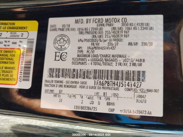 Ford 2.3l 4v premium fuel 2018 1FA6P8TH4J5141427 Image 9