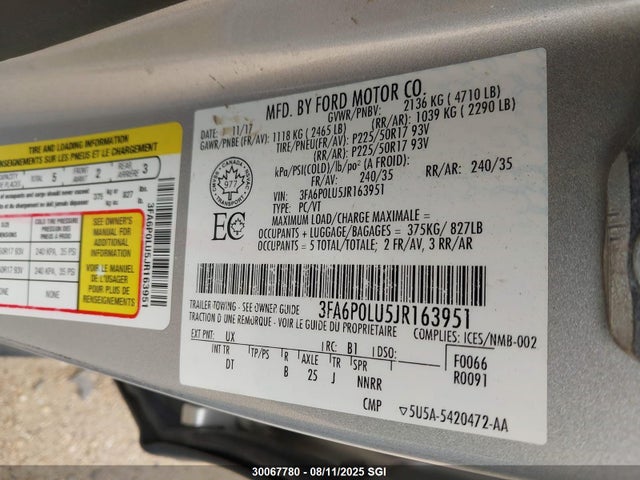 Ford 2.0l 4v atk hev 2018 3FA6P0LU5JR163951 Image 9