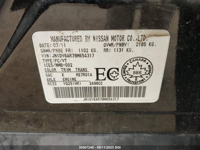 Aukcja sprzedaży 2011 Infiniti G25, vin: JN1DV6AR7BM654317, numer aukcji: 30067248