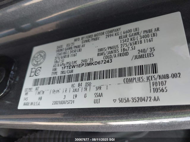 Ford 4v 2021 1FTEW1EP3MKD67243 Image 9