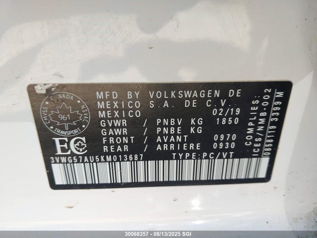 3VWG57AU5KM013687 Volkswagen Golf