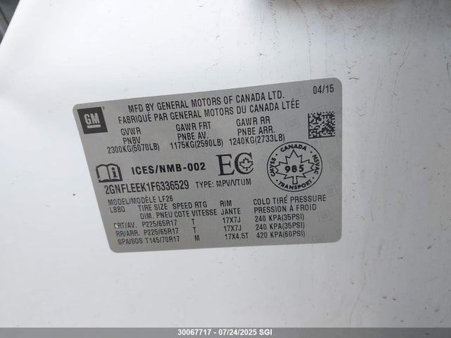 Продаж на аукціоні авто 2015 Chevrolet Equinox Ls, vin: 2GNFLEEK1F6336529, номер лоту: 30067717